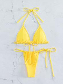 Swim Basics Summer Beach Micro Triangle Thong Bikini Set - Yellow - View 1