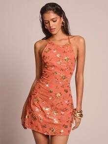 Glamine 女式紫红色雪纺刺绣亮片无袖露背迷你连衣裙，时尚性感度假/约会/音乐节百搭夏装 - 橘色 - 查看 1