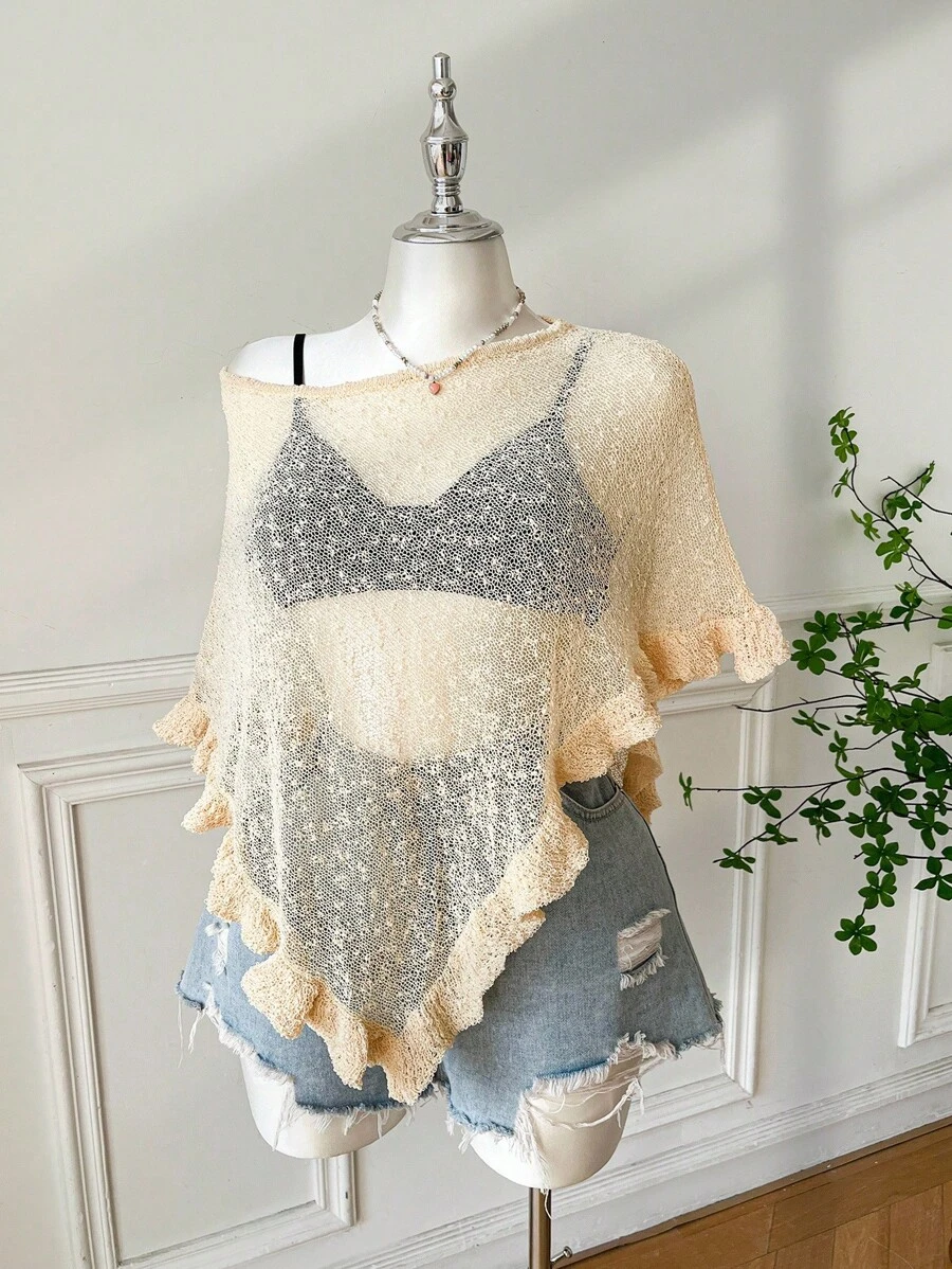 Comfortcana 大码女式绿色荷叶边下摆半透明休闲钩针斗篷，适合夏季外出和约会 - 杏色 - 查看 1