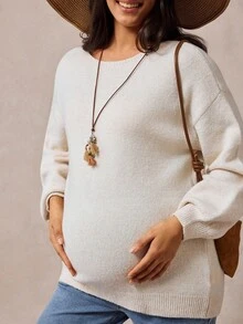 Boho Mama 孕妇宽松纯色圆领落肩长袖休闲毛衣，秋季 - 卡其色 - 查看 3
