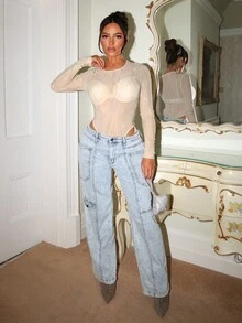 SHEIN SXY Shiny Sheer Mesh Long Sleeve Sexy Bodysuit, See Through Top, Mesh Top, Transparent Top, Sheer Top, Rhinestone Bodysuit,Mesh,Party,Club,Going Out,Sexy,New Year,Thanksgiving