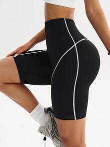 Dewbera 1 pieza Pantalones cortos básicos para correr, fitness, ejercicio y ciclismo de mujer con cintura de contraste acanalada - Blanco y Negro - Ver 4