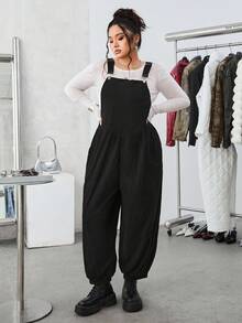 SHEIN EZwear 秋冬款大码黑色灯芯绒背带裤 - 黑色 - 查看 3