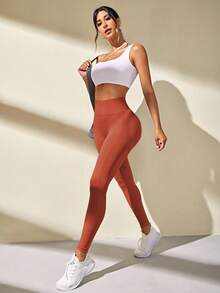 Gameset SHEIN Sport 女式高腰褶皱无缝紧身瑜伽裤 - 珊瑚橙 - 查看 6