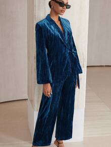 Aveloria Modichic Vintage Business Casual Velvet Texture Collar Side Tie Suit Set - Blue - View 4