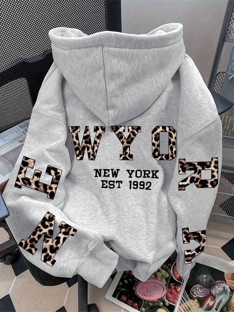 Áo nỉ màu xám in chữ "NEW YORK" phong cách tối giản, thời trang thường ngày dành cho bé gái tuổi teen, kiểu dáng thoải mái, thích hợp cho hoạt động ngoài trời, thể thao và mặc hàng ngày. - Xám - Xem 1