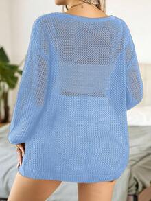 Calvaya Áo len cổ tròn tay dài thiết kế hình đầu lâu rỗng cỡ lớn cho nữ, mùa thu - Màu xanh nhạt - Xem 2