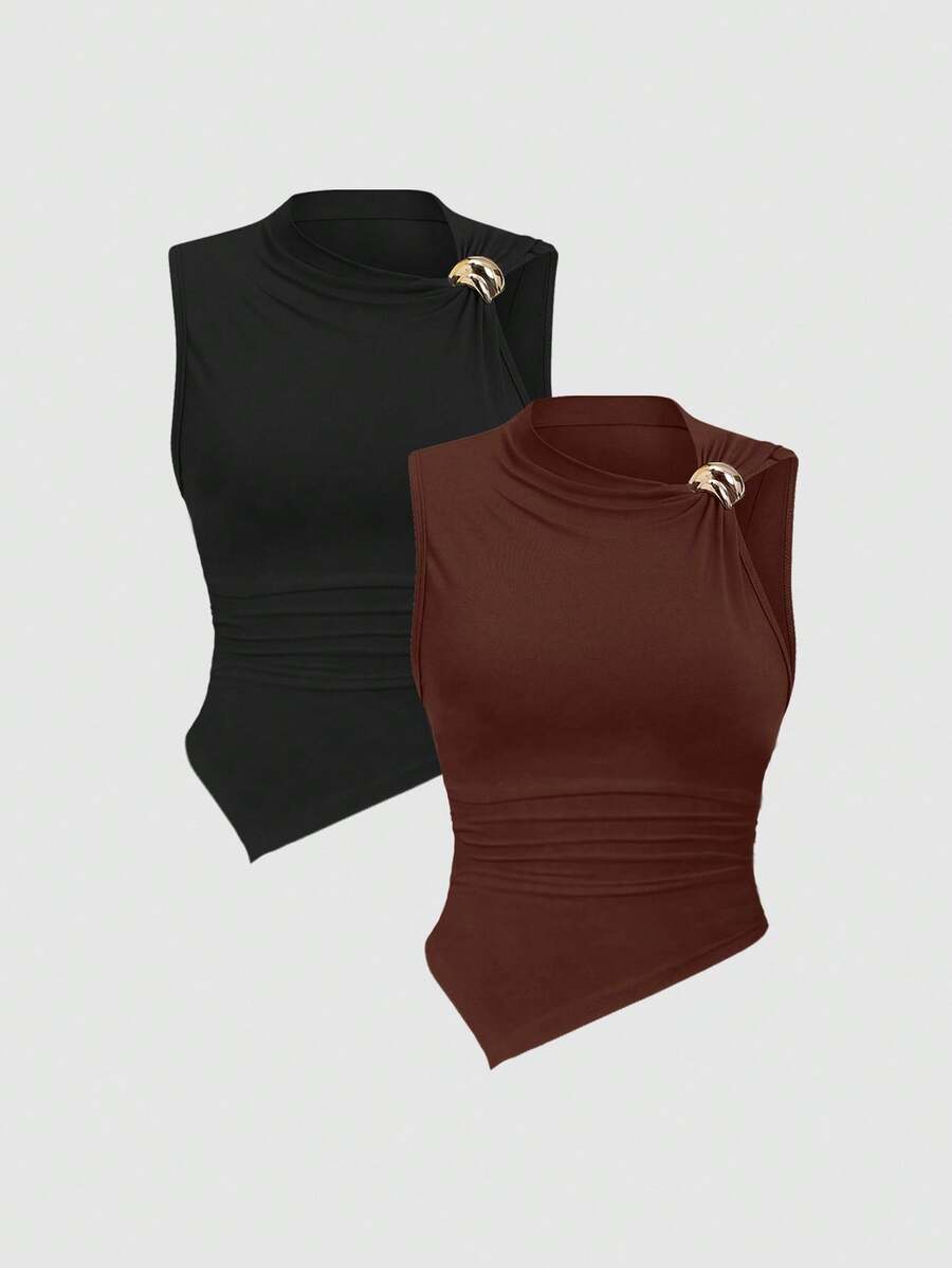 SHEIN Unity Women's Summer Fitted Ruched Top, Asymmetric Hem, Suitable For Summer - Multicolor - View 1
