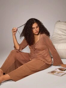 Lazeform Conjunto de pijama de 2 piezas con cuello plisado, lazo decorativo y puño, bajo con abertura y borde de lechuga, talla grande, ropa de otoño para mujer