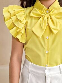 SHEIN Tween Girl Cap Sleeve Ruched Waist Blouse, Elegant For Work, With Bow Decor - Yellow - View 4