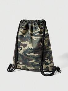 ROMWE Grunge Punk Mochila con cordón de cierre, de gran capacidad y de patrón de camuflaje vintage, versátil y casual, adecuada para ir al trabajo, actividades sociales y compras - Verde - Ver 6