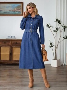 EMERY ROSE Women's Blue Long Sleeve Half-Placket Fashionable Versatile Denim Dress
