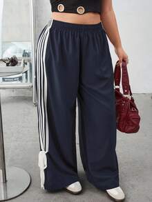 SHEIN EZwear 秋冬大码撞色条纹侧缝休闲裤 - 藏蓝色 - 查看 1