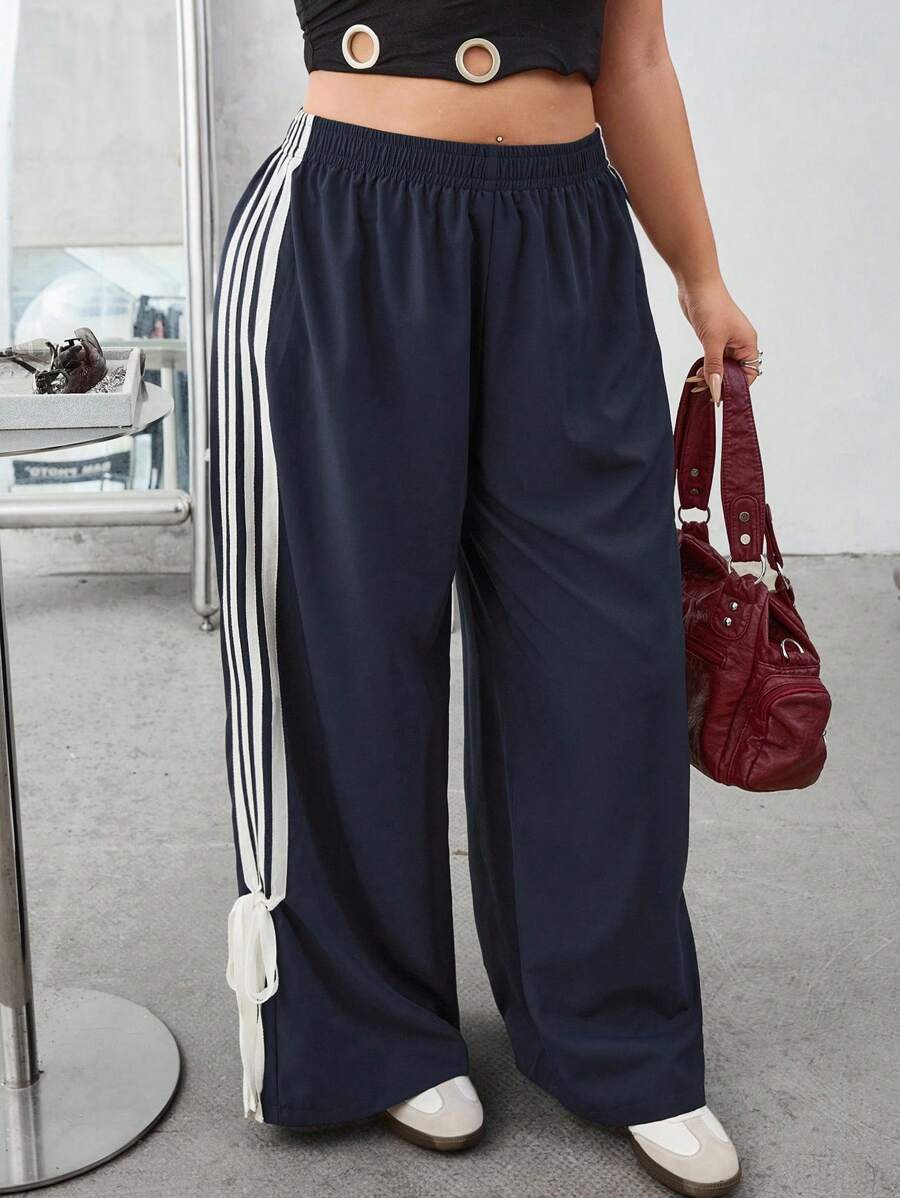 SHEIN EZwear 秋冬大码撞色条纹侧缝休闲裤 - 藏蓝色 - 查看 1