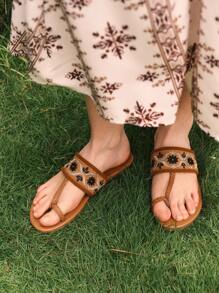 Styleloop 女士平底凉鞋，波西米亚风格，复古美式，波西米亚风，西部风，音乐节，派对装 - 棕色 - 查看 2