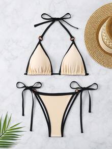 Swim Basics Women Bikini Sets Cincin Blok Warna Plain Anggun - Aprikot - View 1