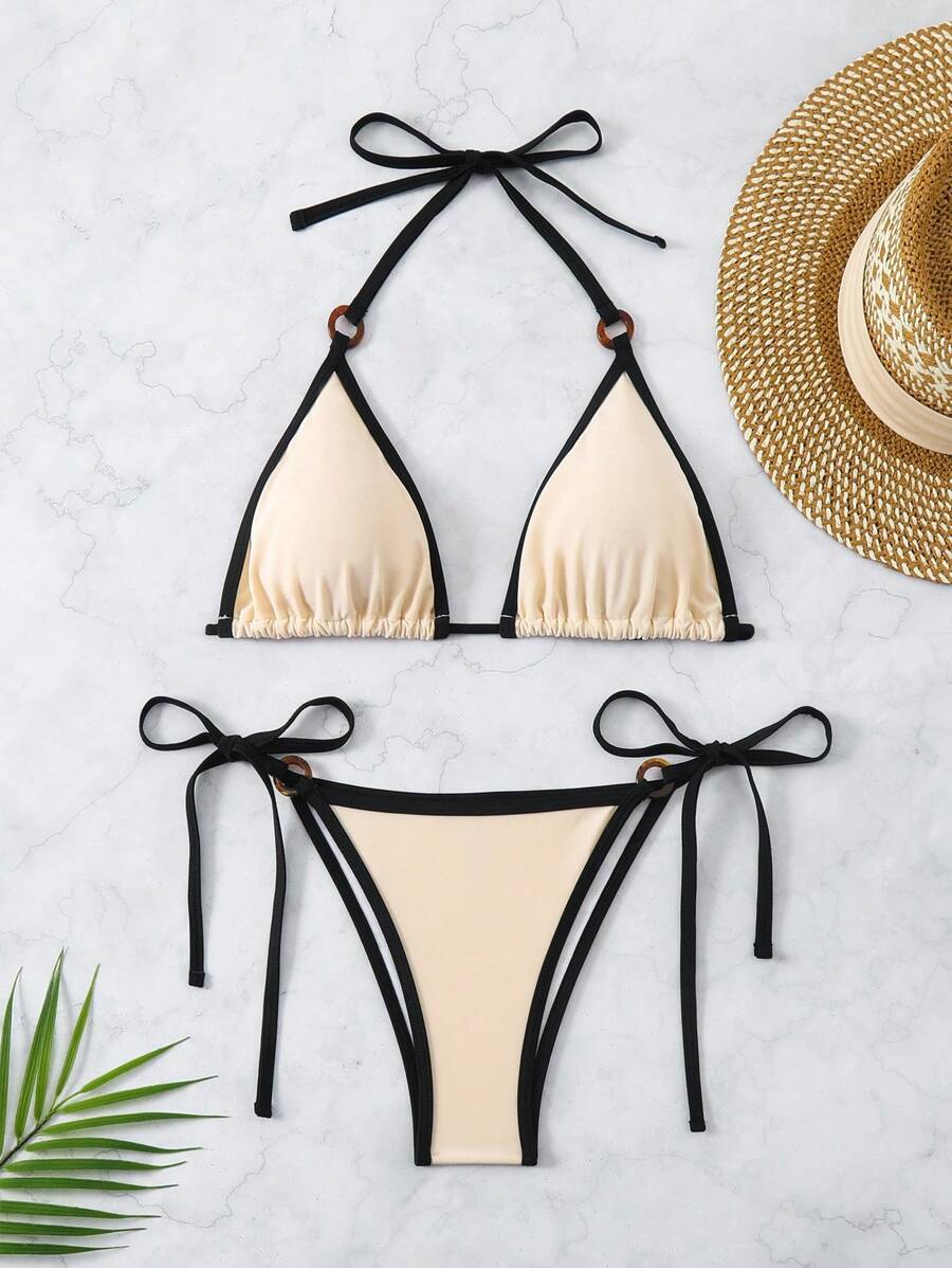 Swim Basics Women Bikini Sets Cincin Blok Warna Plain Anggun - Aprikot - View 1
