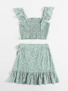 SHEIN 女孩小碎花荷葉袖打褶短款上衣和圍裹打結裙子套裝