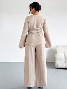 Firerie Plus Size Casual Elegant Vacation Drawstring Versatile Daily Commute Work Office Loose Tie-Front Top And Elastic Waist Pants Set, Spring/Autumn,Fall Clothes For Women