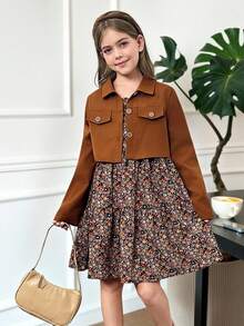 SHEIN Serisse Kids 2pcs Tween Girls' Casual Solid Color Long Sleeve Short Shirt Button Jacket And Floral Allover Print Dress Set, Suitable For Spring/Summer Outdoor Activities, Travel, Daily Wear, Leisure, Vacation And Parties