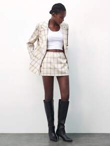Maija Women's Plaid Pocket Side Zipper Design Short Casual Skirt,Going Out - Apricot - View 2