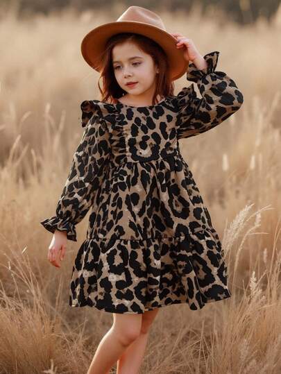SHEIN Young Girl Summer / Fall Allover Print Ruffle Trim Flounce Sleeve Dress,Great For Casual & Daily Wear & School Daily In Summer & Autumn,Mom And Daughter & Sisters Matching Winter
