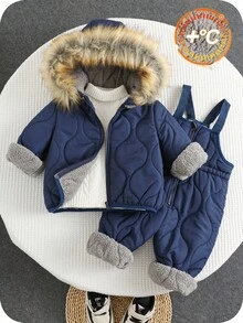 SHEIN 2pcs/Set Baby Boys Cute Casual Blue Thermal Lined  Jacket + Thick Fleece Bib Pants Snowsuit, Unisex Baby Winter Clothes Fall - Multicolor - View 3