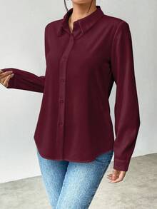 EMERY ROSE Women's Solid Color Long Sleeve Single-Breasted Casual/Work Shirt Fall Cloth For Women, Christmas - Burgundy - View 6