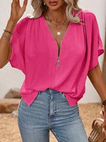 EMERY ROSE Women's Summer Solid Color Zipper Half Placket Batwing Short Sleeve Loose Blouse