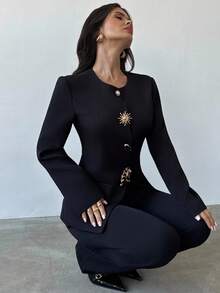 Firerie Women's Elegant Minimalist Metal Button Decor Long Sleeve Blouse, Long Sleeve Asymmetric Button Fitted Top, Black, Suitable For Office Wear Fall Women Clothes / Commuting Wear / Teacher Clothing / Back To School Season / Old Money /Fall Clothes For Women/ Business Casual Woman / Fall Clothes/Office Attire For Women /Work Outfits/ Fall Women Clothes - Black - View 6