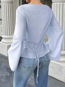 Selianne 女士秋冬工作/办公室女士工作衬衫收腰喇叭袖衬衫 - 淺藍色 - 查看 2