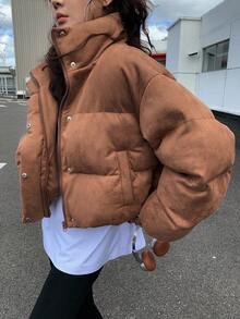 DAZY 女士短款夹棉大衣，全新时尚百搭设计，高品质冬季夹克 - 棕色 - 查看 4