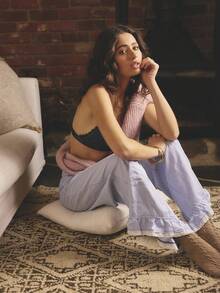 Aralina Sleepwear Fall Winter Cute Stripe Frill Hem With Lace Detail And Cosy Brushed Rib Tie With Contrast Floral Printed Internal Waistband Sleep Pant - Blue and White - View 10