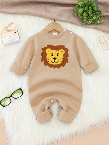 Infant Knitted Romper, Autumn/Winter Round Neck Pullover Sweater Jumpsuit, Cute Lion Jacquard Design, Snap Closure At Shoulders And Feet