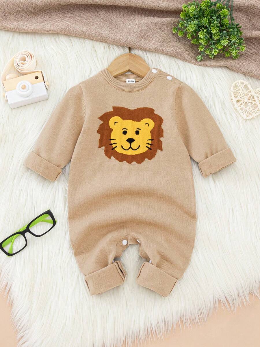 Infant Knitted Romper, Autumn/Winter Round Neck Pullover Sweater Jumpsuit, Cute Lion Jacquard Design, Snap Closure At Shoulders And Feet