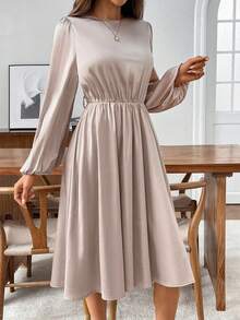 SHEIN LUNE 女式纯色圆领褶皱休闲长袖中长连衣裙 - 卡其色 - 查看 4