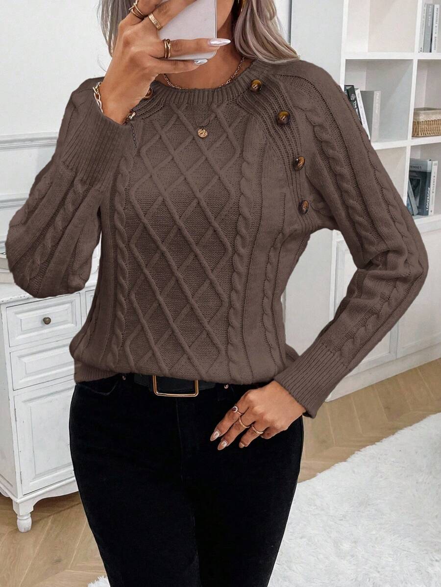 SHEIN LUNE Women's Casual Daily Simple Solid Color Button Detail Raglan Sleeve Cable Knit Sweater, Autumn/Winter Fall Cloth For Women - Mocha Brown - View 1