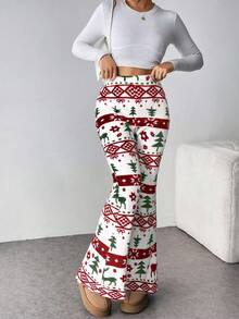 Firerie 女士新款优雅休闲圣诞风格裤子，秋冬休闲优雅居家户外保暖内衬双面抓绒泰迪抓绒，多色红绿圣诞图案印花高腰喇叭裤，秋季女装 - 彩色 - 查看 3
