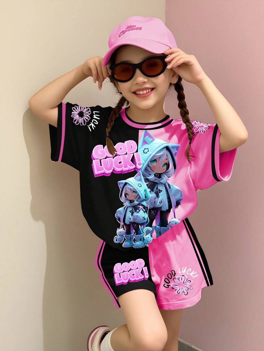 SHEIN 青少年女孩时尚运动幸运电子竞技卡通女孩图案休闲街头风格舒适 T 恤套装,适合学校、运动、派对 - 彩色 - 查看 1