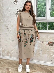 SHEIN LUNE 休闲简约宽松圆领复古羽毛图案印花两件套大码女装，适合春夏裙子两件套，西装女装 - 卡其色 - 查看 5