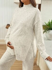 SHEIN 孕妇波点提花休闲立领侧开衩毛衣和针织裤套装，腰带可调节。秋冬女式毛衣秋季女装秋季毛衣孕妇毛衣两件套米色冬季孕妇休闲套装两件套孕妇套装孕妇毛衣套装舒适孕妇套装孕妇家居服 - 彩色 - 查看 3