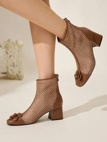 CUCCOO CHICEST 女士秋冬新款时尚花卉尖头细高跟中跟鞋，浪漫优雅时尚牛纹黑白仿皮露跟高跟鞋，适合约会和派对 - 棕色 - 查看 6