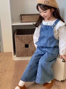 DAZY Young Girl Button Decor Loose Fit Wide Leg Casual Denim Jumpsuit - Blue - View 1