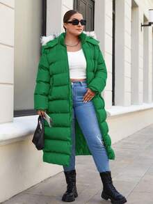 RueChic Rozmiar Plus Puszysta lamówka  Suwak Z Kapturem Płaszcz puchowy