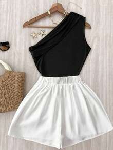 INAWLY 休闲时尚通勤高弹力纯棕色褶皱肩上衣和白色松紧腰裤套装 - 黑色 - 查看 2