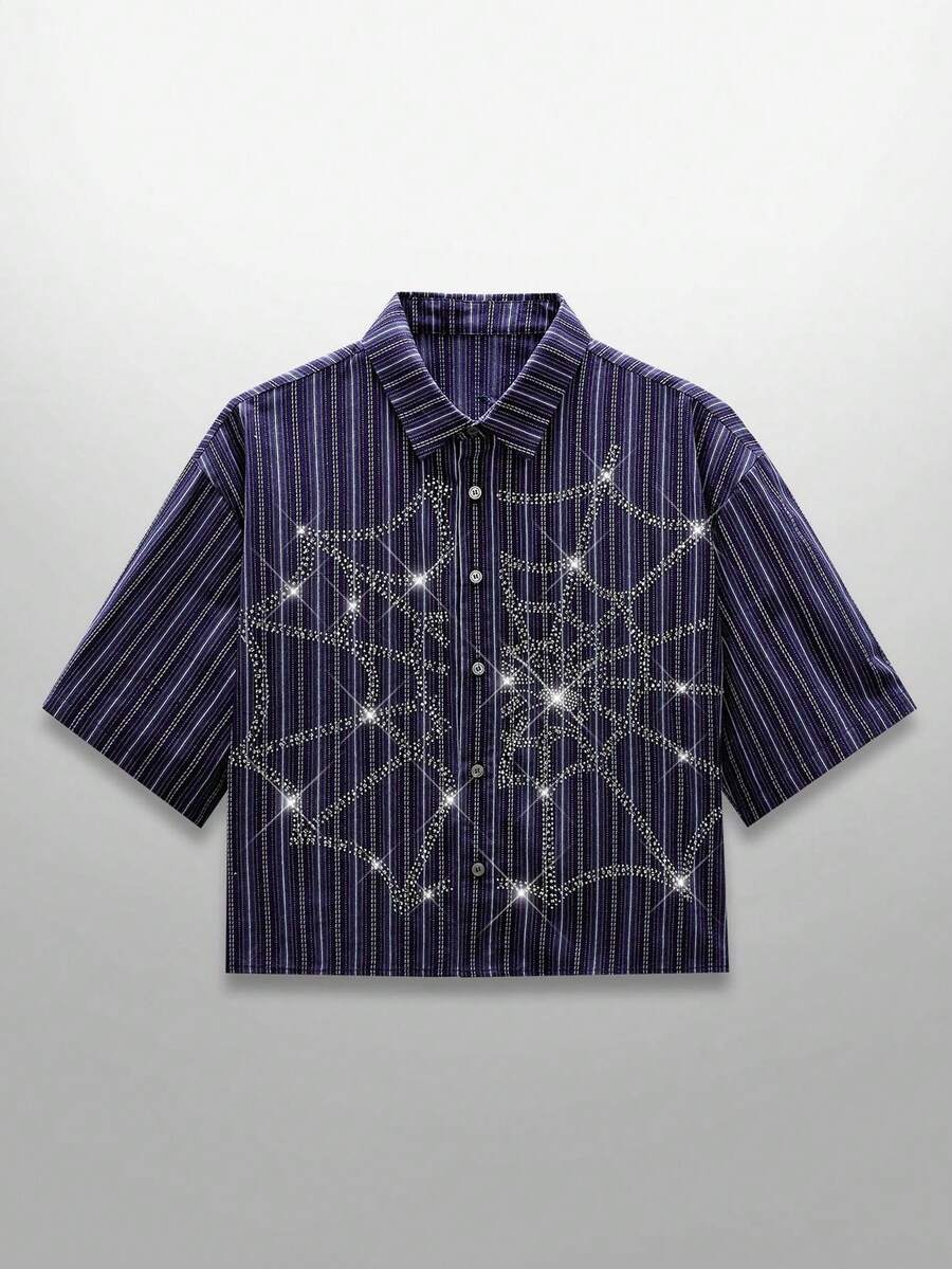 NEON BLANC 男士条纹短袖衬衫，万圣节蜘蛛网 - 藍色 - 查看 1