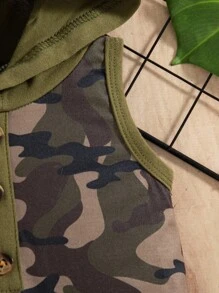 Baby Boy Camouflage Print Button Half Placket Hooded Romper Shorts - Army Green - View 5