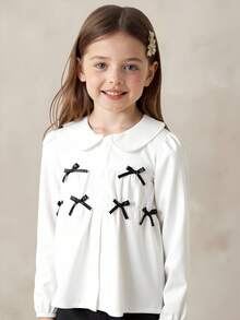 Elladie kids Young Girls' Spring/Autumn White Blouse: Peter Pan Collar, Puff Sleeves, Ruffle Patchwork, Contrast Bowknot , Elegant Sweet Style - White - View 8