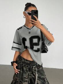 Flirla 女式数字印花短袖网眼拼色宽松运动 T 恤，春夏图案 T 恤女式上衣