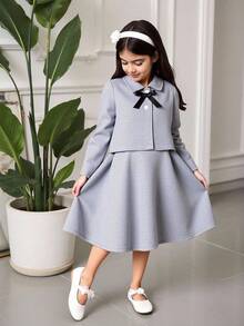 SHEIN 女童优雅灰色连衣裙外套套装，都市风秋冬款 - 灰色 - 查看 1